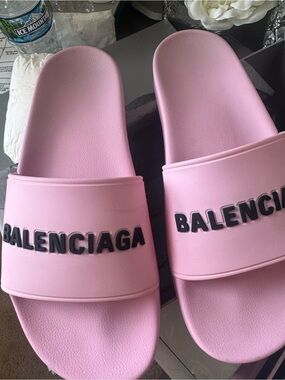 Balenciaga Pink Slide Sandals with Black Logo
